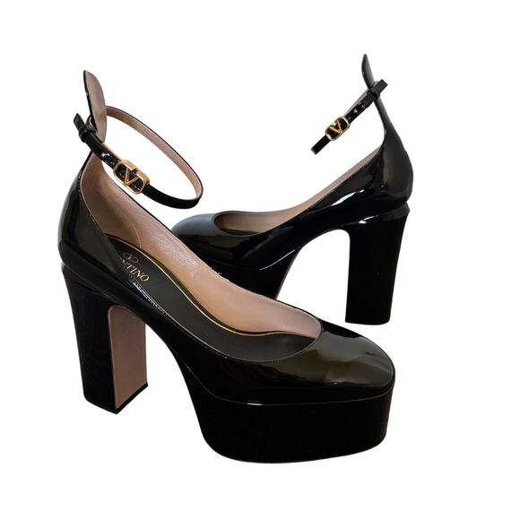 Valentino Garavani Tan Go Platform Pump Black Patent Leather High Heel Size 37.5 - Picture 1 of 15